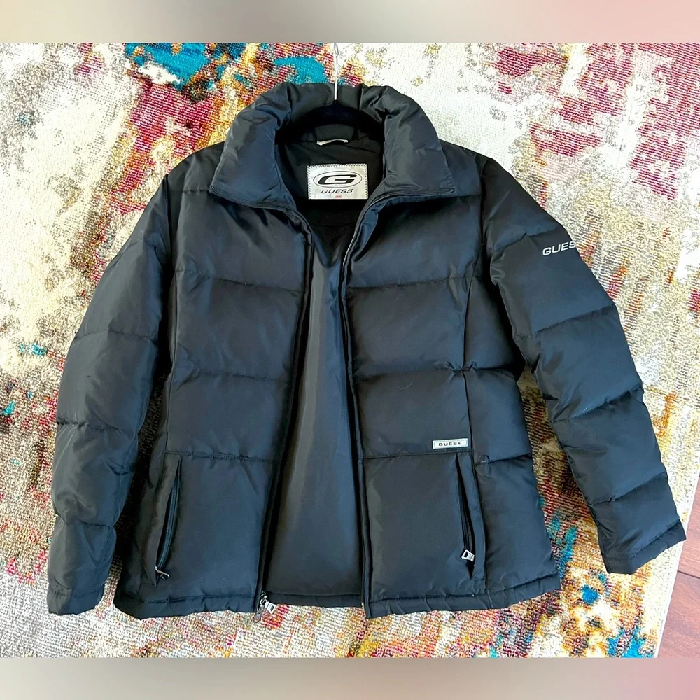 EUC Vintage Guess down puffer coat women’s small black zip up jacket unisex top - Picture 2 of 16